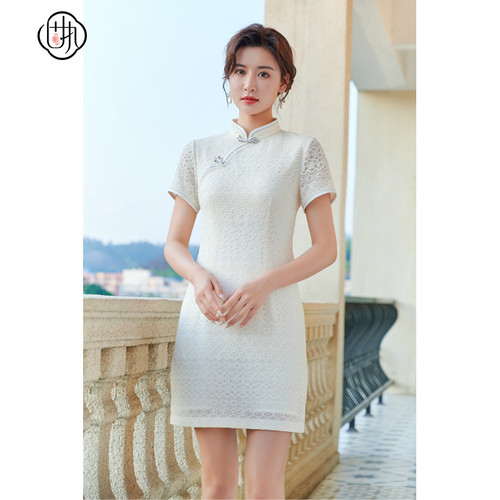 复古中国风改良短旗袍  短袖修身蕾丝连衣裙