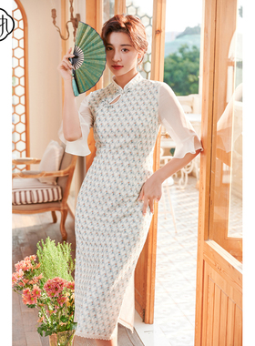 固执夏季新款中式轻款喇叭中袖修身蕾丝旗袍裙42632QP08005