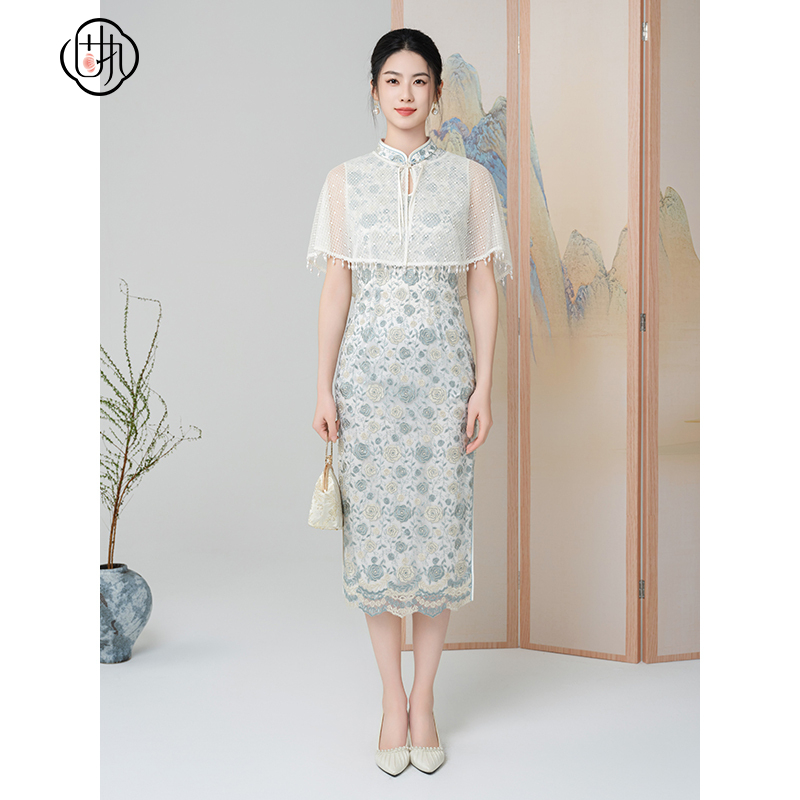 固执中国风旗袍蕾丝连衣裙套装