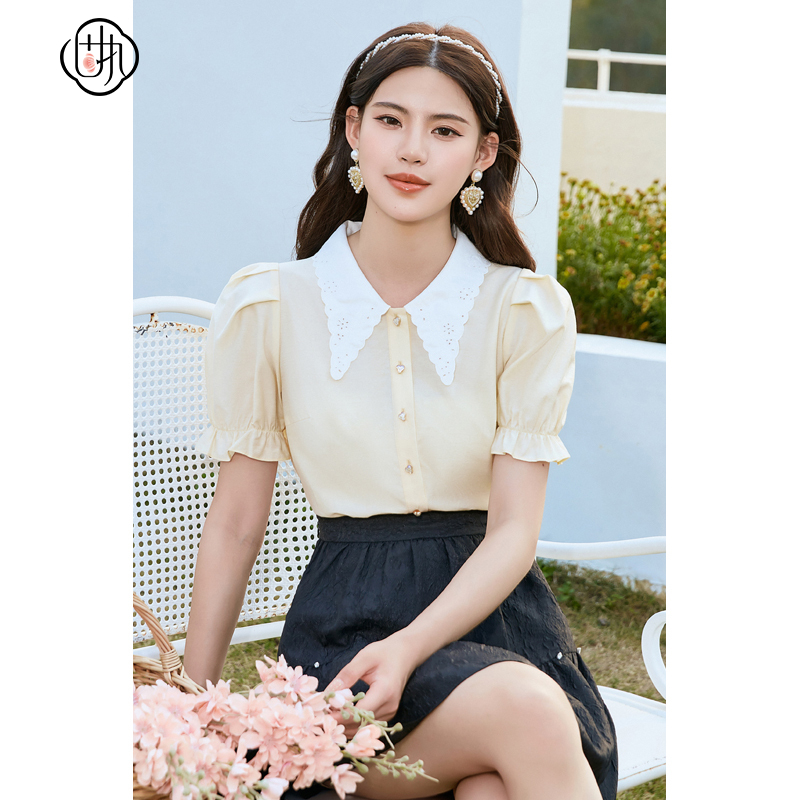 固执法式刺绣2023泡泡衫衬衫