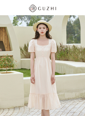 固执夏季新款法式方领泡泡袖短袖荷叶摆连衣裙80532LQ08079