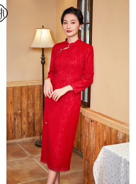 固执秋季新款中式气质红色蕾丝长袖修身改良旗袍20933QP08304