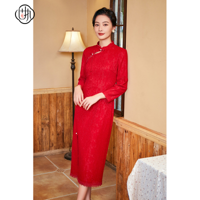 固执秋季新款中式气质红色蕾丝长袖修身改良旗袍20933QP08304