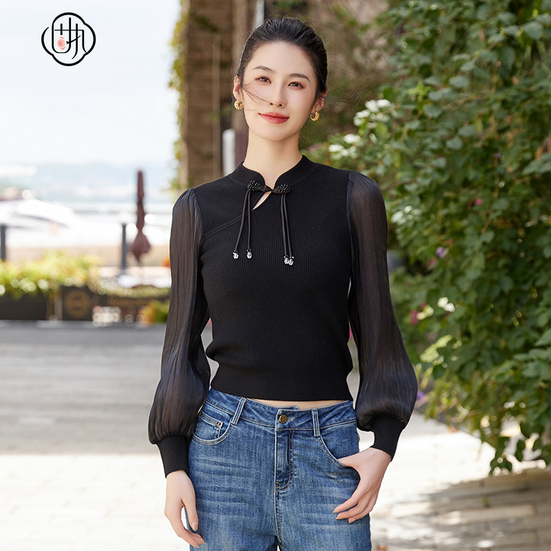 固执秋季新款中式立领盘扣流苏拼接长袖套头针织毛衣女装上衣图片