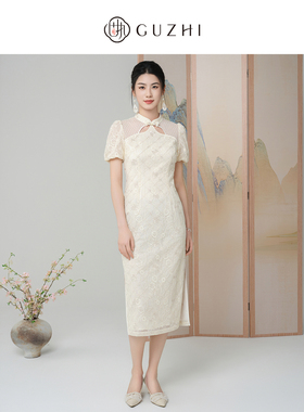 固执《浮生》夏季新款新中式盘扣蕾丝短袖改良短旗袍80142QP09137