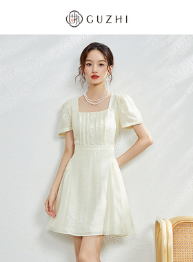 固执夏季新款法式方领泡泡袖小个子短款连衣裙80132LQ08078