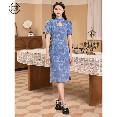 中国风改良中长款旗袍  泡泡短袖牛仔连衣裙