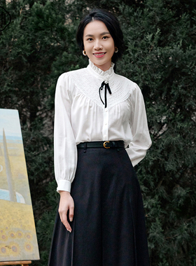 固执春新款复古立领泡泡袖蝴蝶结纯色长袖衬衫女10831CS07790