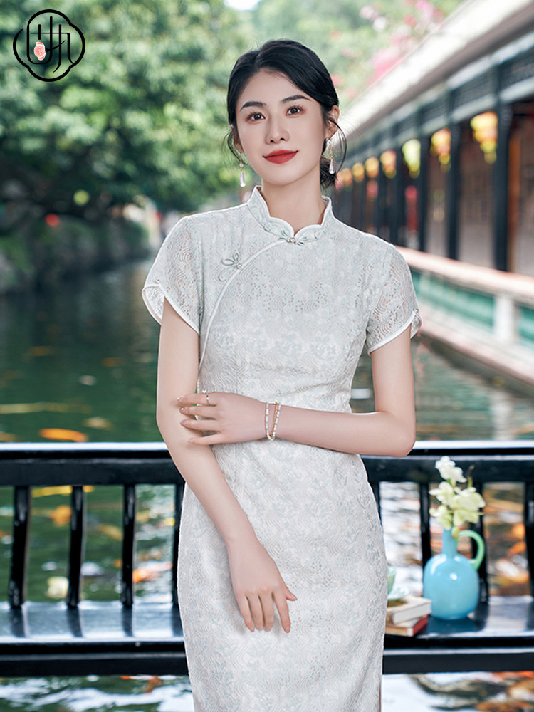 완고한 2024 새로운 여름 스타일 기질 중국 스타일 레이스 반팔 중간 길이 치파오 드레스 42642QP09182