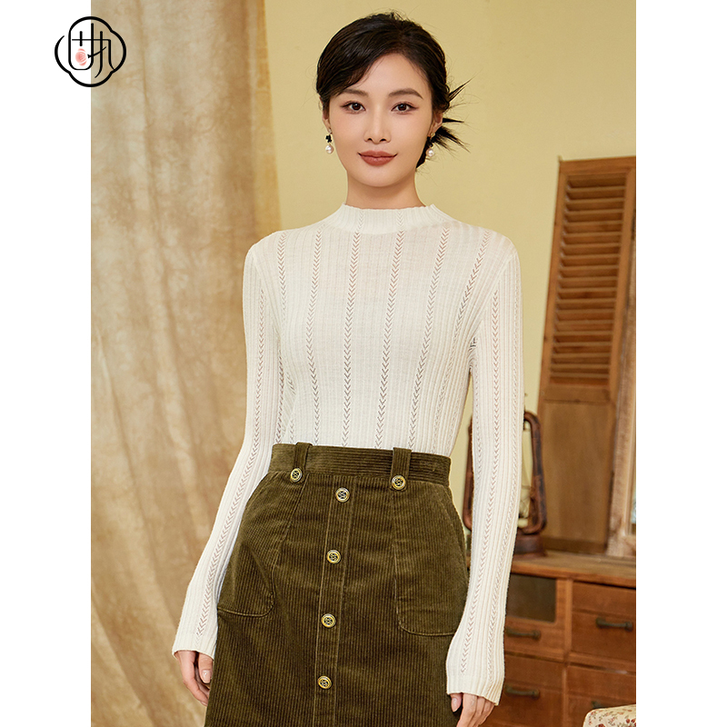 学院风立领纯色镂空  百搭长袖针织毛衣女