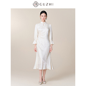 新款 新中式 立领提花高腰长袖 固执春季 鱼尾裙中长款 旗袍连衣裙