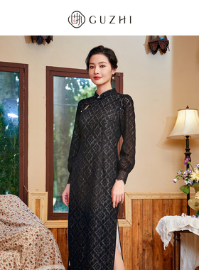 固执秋季新款中式立领蕾丝泡泡长袖修身改良旗袍00033QP08228