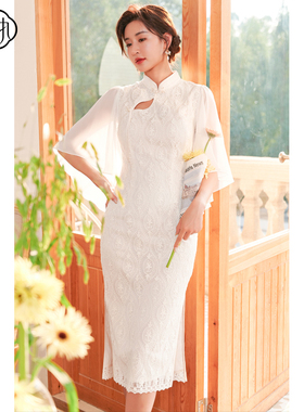 固执夏季新款中式年轻款镂空荷叶中袖蕾丝旗袍裙80132QP07891