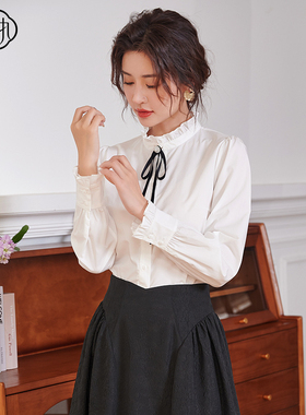 固执春新款复古百搭泡泡袖立领长袖蝴蝶结衬衫女10831CS07772
