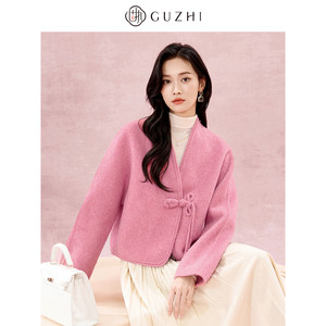 固执2025秋冬新款中式v领盘扣绵羊毛双面呢长袖短款外套女装