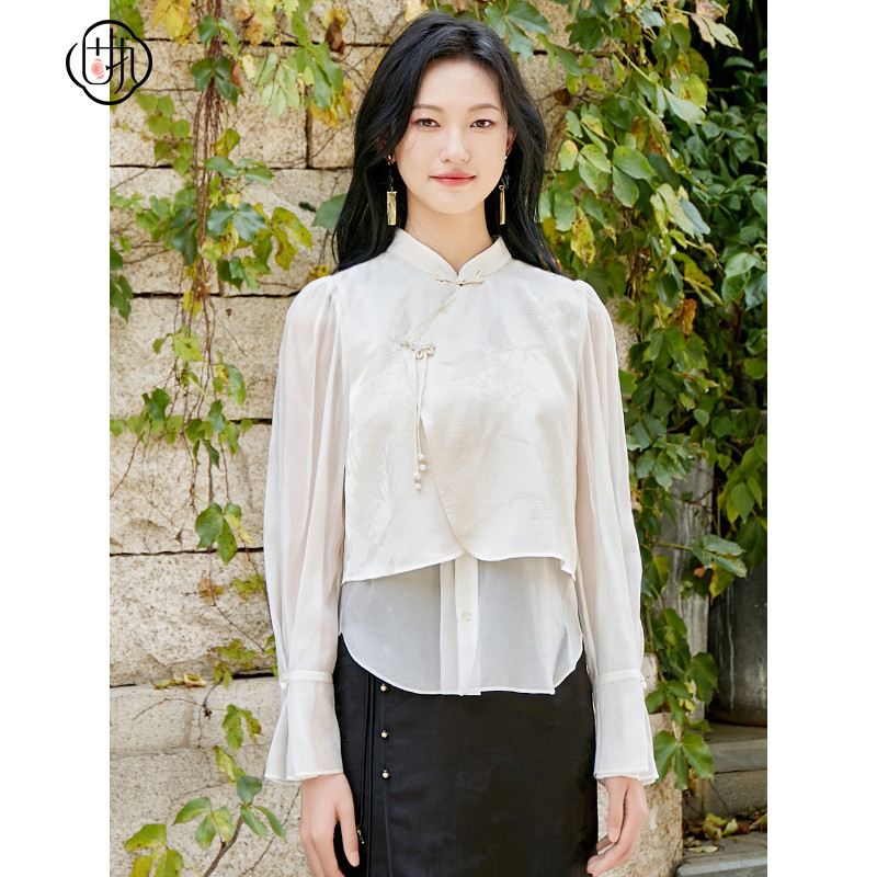 固执秋季新款新中式立领提花假两件拼接长袖衬衫优雅女上衣图片
