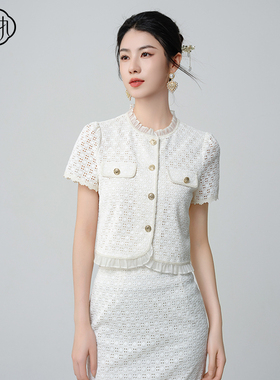 固执夏季新款气质香风圆领荷叶边短袖蕾丝衫上衣80142SY08982