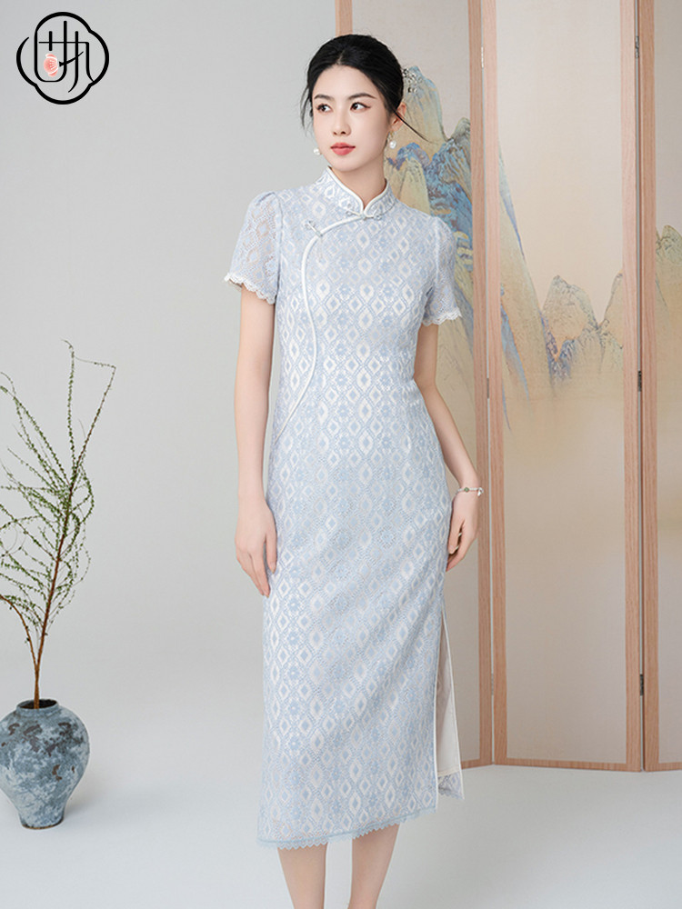 완고한 2024 여름 새로운 중국 스타일 스탠드 칼라 버튼 레이스 짧은 소매 슬림 개선 CHEONGSAM 30042QP09094