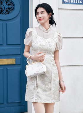 固执夏季新款中式泡泡短袖旗袍短款连衣裙80142QP09144