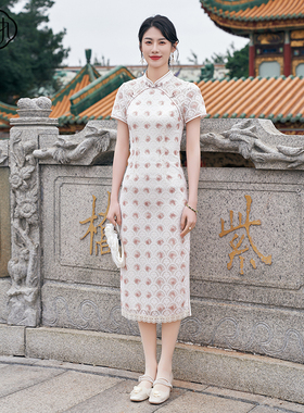 固执夏季新款中式蕾丝刺绣短袖中长款旗袍连衣裙80542QP09149