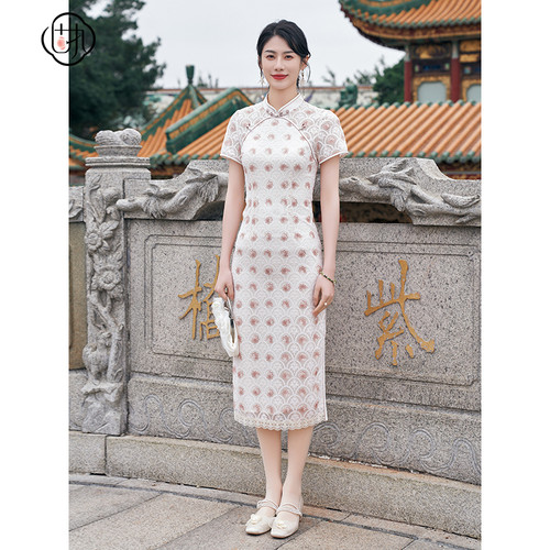 固执中国风旗袍蕾丝短袖连衣裙