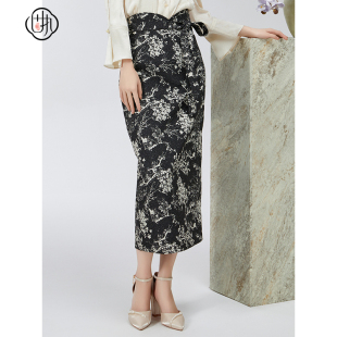 提花绑带开衩中长包臀半身裙00041BQ08842 新中式 固执春季 新款