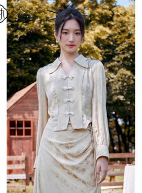 固执秋季新款复古中式v领翻领盘扣提花长袖衬衫52233CS08442