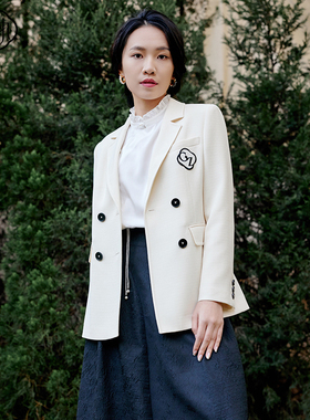 固执春季新款复古学院风双排扣刺绣西装外套女80131DT07941