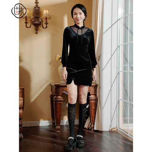 立领长袖丝绒改良旗袍  国风短款修身连衣裙