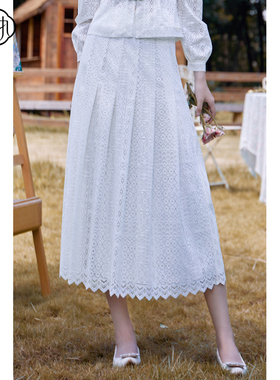 固执秋季新款复古气质蕾丝百褶a字中长款半身裙10833BQ08308
