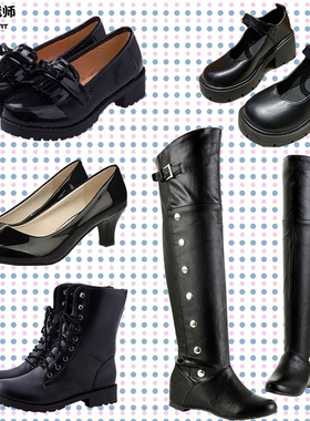 猫老师动漫cosplay黑色小皮鞋子二次元女高中生JK制服筒靴高跟鞋