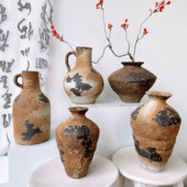 侘寂风复古陶瓷花瓶单耳提壶做旧粗陶新中式 花器客厅家居民宿摆件