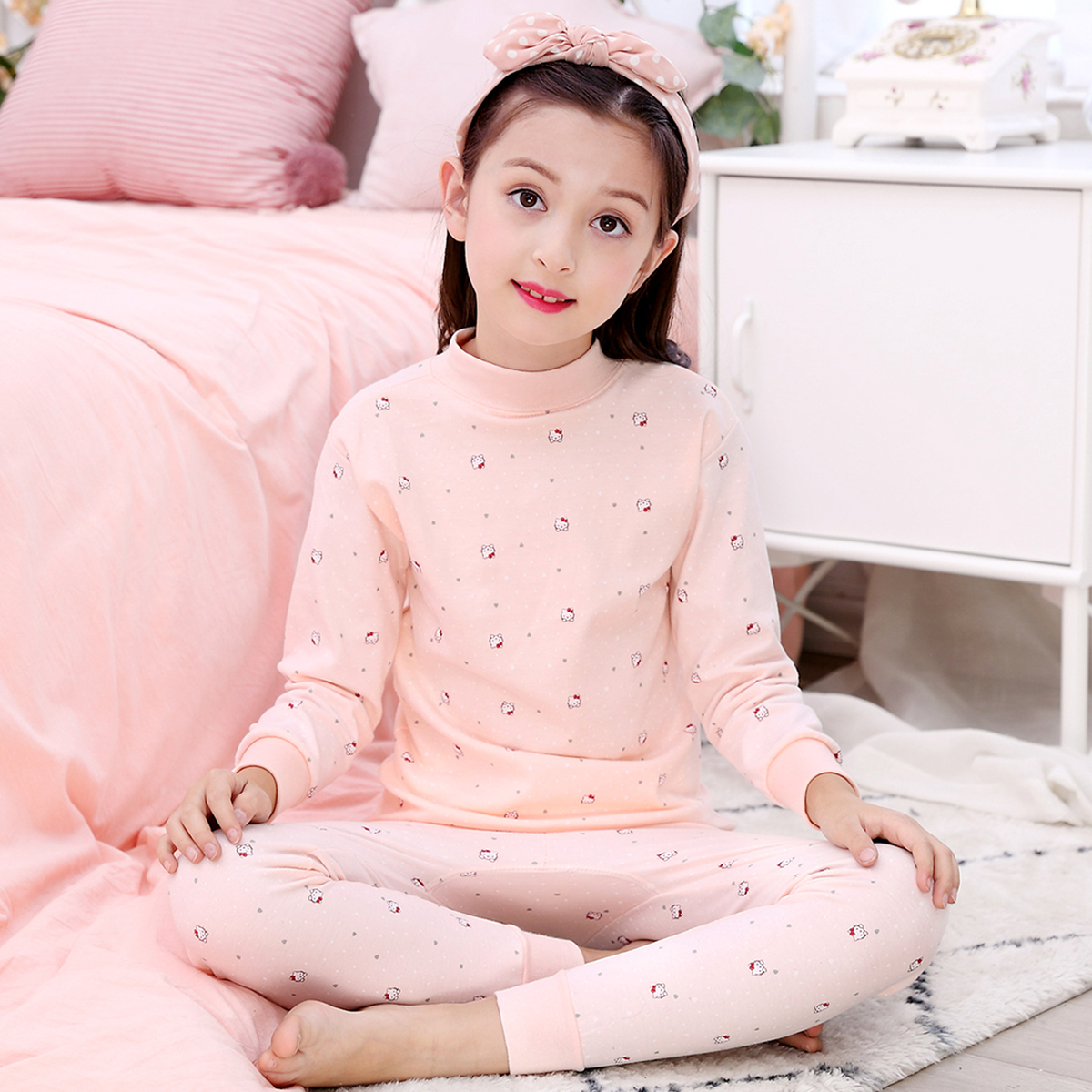 文波女童秋衣秋裤纯棉儿童内衣套装女孩棉毛衫中大童全棉睡衣春秋