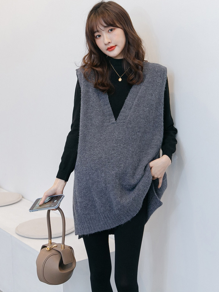 PREGNANT WOMEN AUTUMN SUITS FASHIONABLE FASHION MOMS VERSATILE HIGH NECK BOTTOMS KNITTED V-NECK SWEATERS VESTS AUTUMN AND WINTER TWO-PIECE SETS