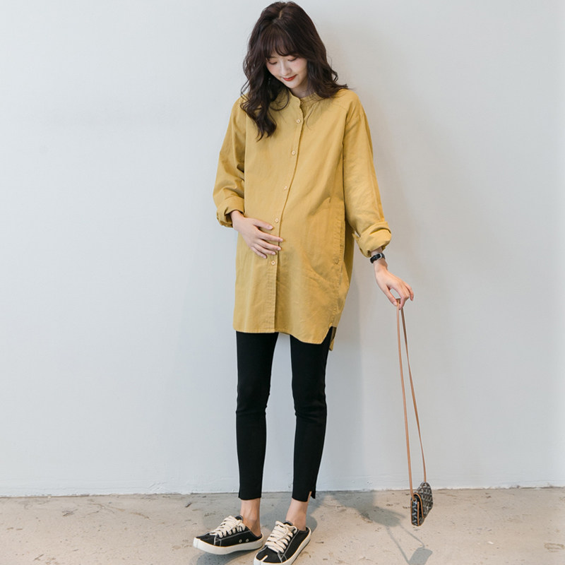 출산 가을 긴팔 상의 중간 길이 셔츠 한국식 루즈하고 심플하며 다재다능한 봄 가을 셔츠