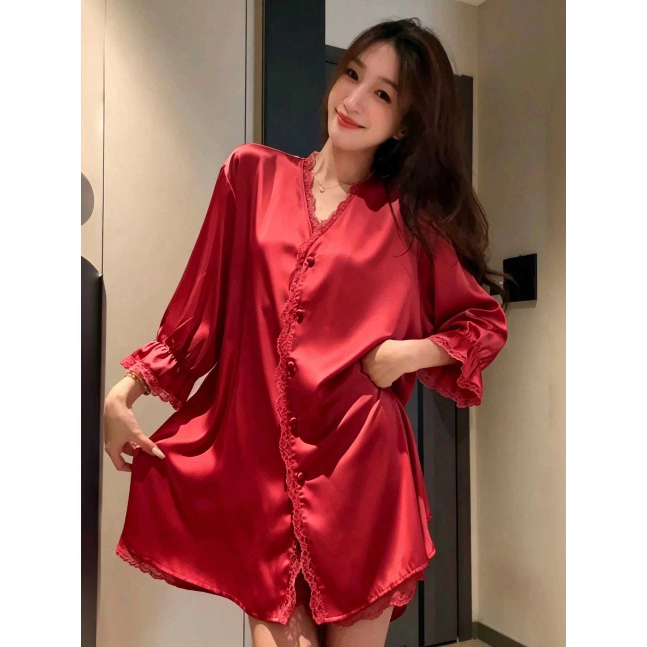 红色蕾丝V领冰丝长袖睡衣套装女