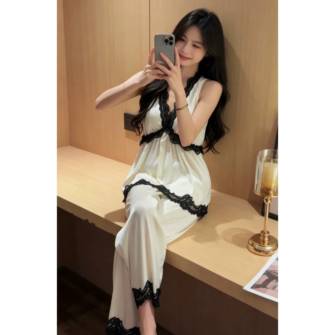 冰丝V领蕾丝边睡衣女款显瘦2026