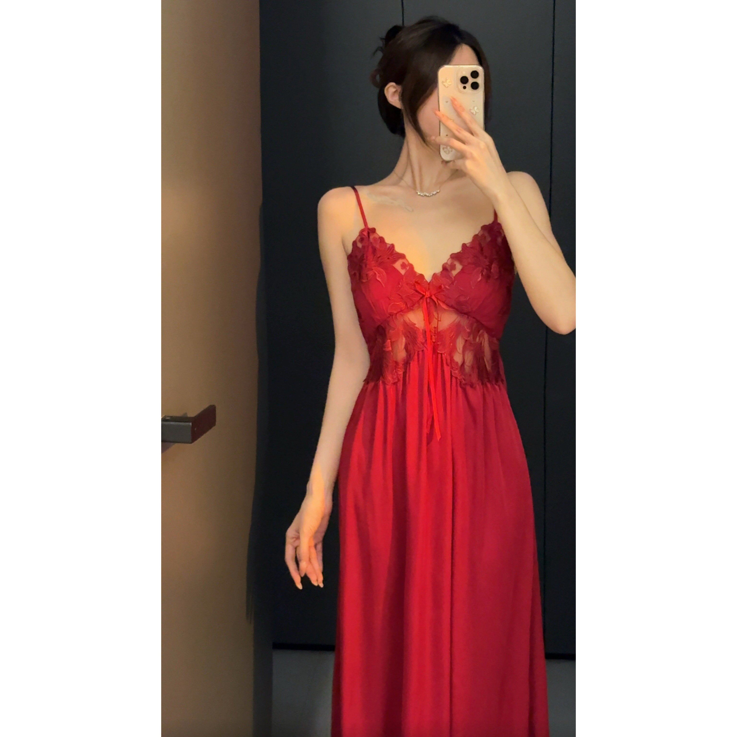 约会睡裙女士春季新款加厚保暖睡袍本命年红色结婚礼物套装带胸垫