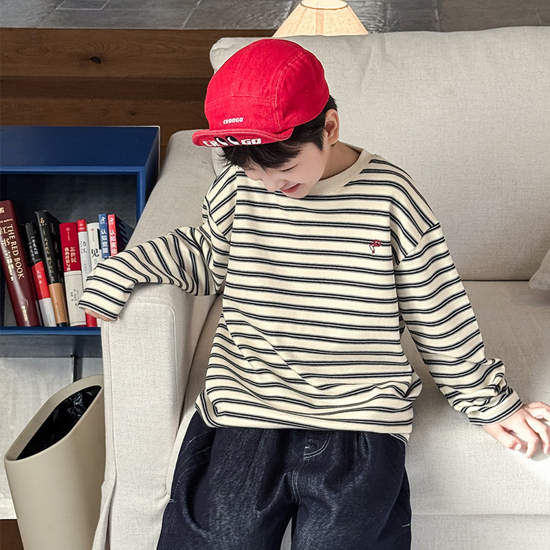男童长袖T恤2026春季新款儿童条纹上衣百搭纯棉打底衫男宝春装潮