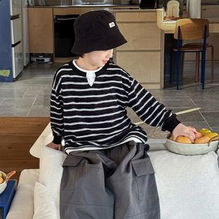 男童长袖T恤2026春季新款儿童条纹小V领假两件打底衫百搭春装洋潮
