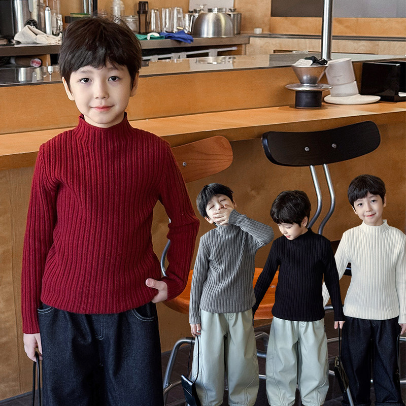 男童红色毛衣2025冬季新款儿童半高领加厚针织衫喜庆新年内搭上衣