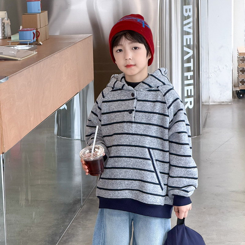 男童加绒卫衣2025冬季新款儿童加厚条纹连帽上衣百搭男宝冬装洋气