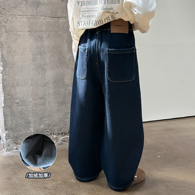 男童加绒牛仔裤儿童加厚一体绒弯刀裤2025冬季新款宝宝冬装休闲裤