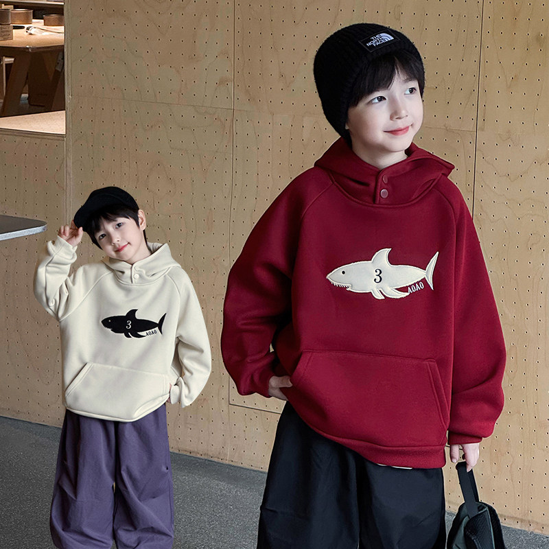 男童加绒卫衣2025冬季新款儿童加厚一体绒连帽上衣红色冬装内搭潮