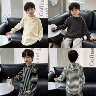 男童长袖t袖2024冬季新款童装德绒连帽打底衫保暖舒适儿童冬装潮