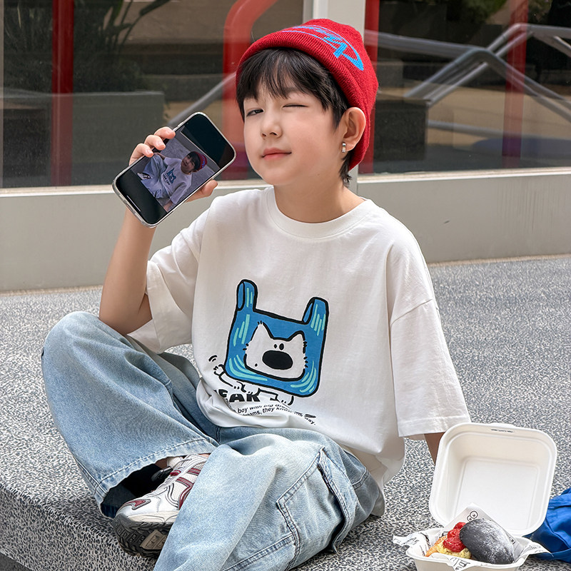 圆领韩版卡通半袖小狗印花休闲