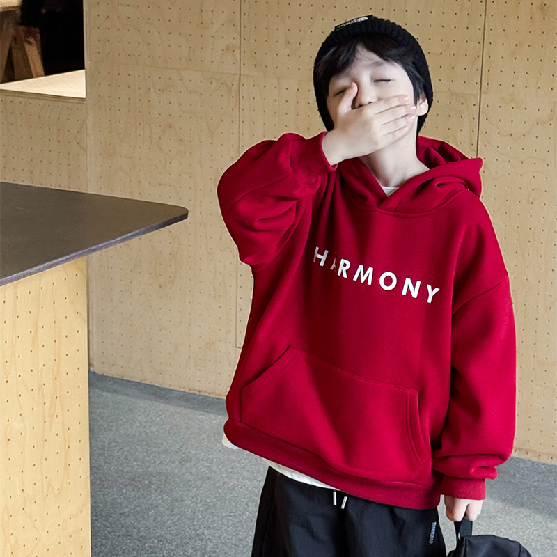 男童红色卫衣一体加绒2025冬季新款儿童新年喜庆加厚连帽上衣冬装