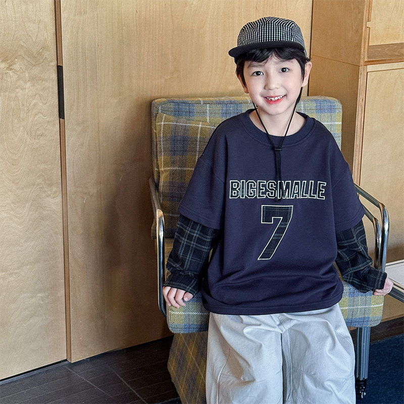 男童卫衣026春季新款儿童格子袖口假两件上衣潮酷字母男宝春装棉