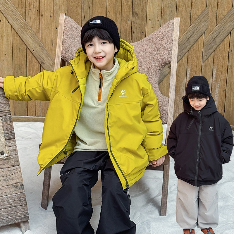 男童羽绒服红色2025冬季新款儿童加厚90白鸭绒连帽双拉链外套冬装