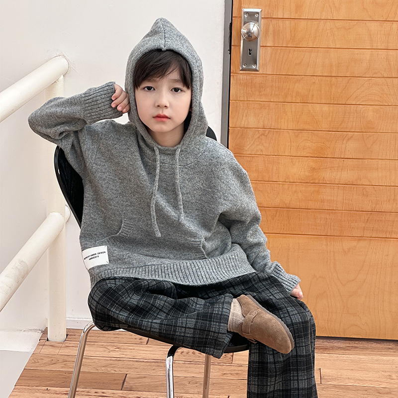 男童连帽毛衣2025冬季新款儿童加厚保暖绒毛针织衫男宝冬装洋气潮